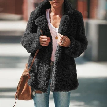 

Faux Fur Plush Thick Coats Women Fashion Open Stitch Coats Female Lapel Pocket Long Sleeve Fuzzy Keep Warm Outwear Lady Clothing