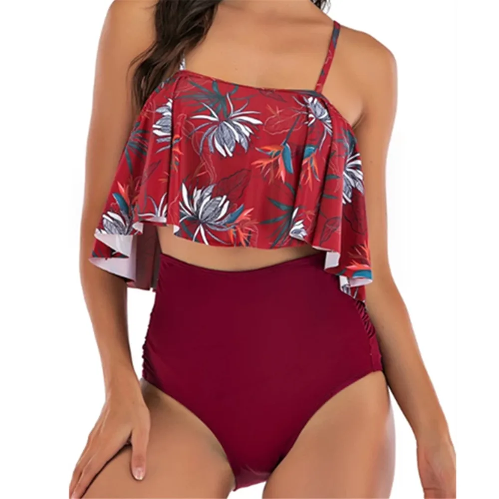 Высокая Талия бикини Для женщин Печать шею, купальник, пуш-ап, купальник с оборками Бикини Топ Бикини ремень ванный комплект Mujer Maillot De Bain