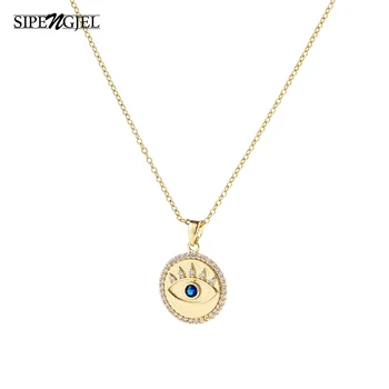 

Fashion Ladies Gold color Eye chore Necklace Pave Blue Cz Sun Round Amulet Pendant Necklaces For Women Jewellery Wholesale