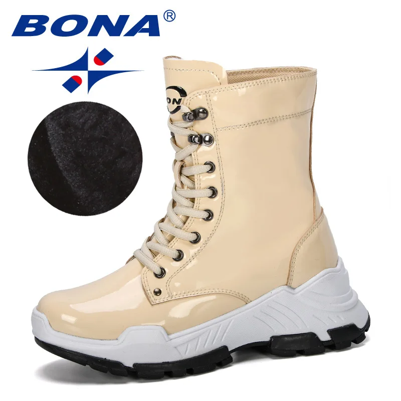 BONA/Новинка года; Дизайнерские теплые женские зимние ботинки на платформе; плюшевые женские повседневные кроссовки; уличные зимние сапоги; Теплая обувь; женская обувь - Цвет: Light beige