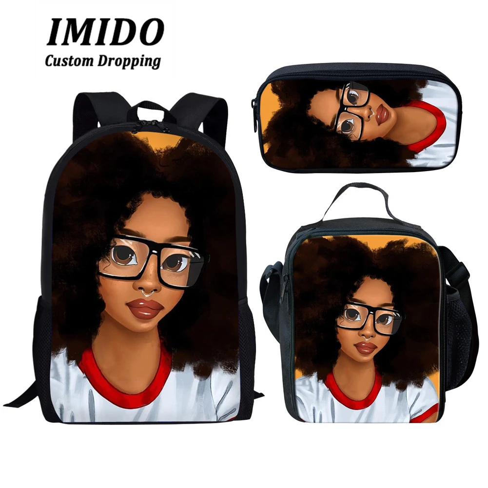 IMIDO, детские школьные сумки для детей, черная, для девочек, волшебная, афро-леди, с принтом, школьная сумка для подростков, сумка для книг на плечо, Rugzak Kinderen - Цвет: 5955CGK