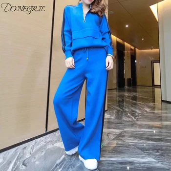 

2020 Women Knit Zip Striped Knit Pullover Top+ wide Leg Pants Suits Knitted Trousers 2Pcs Set Costumes Two Piece
