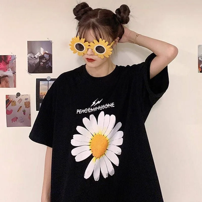 Spring women's new Korean version of loose daisy printing cover meat men and women couples round neck short sleeve T-shirt tops | Женская