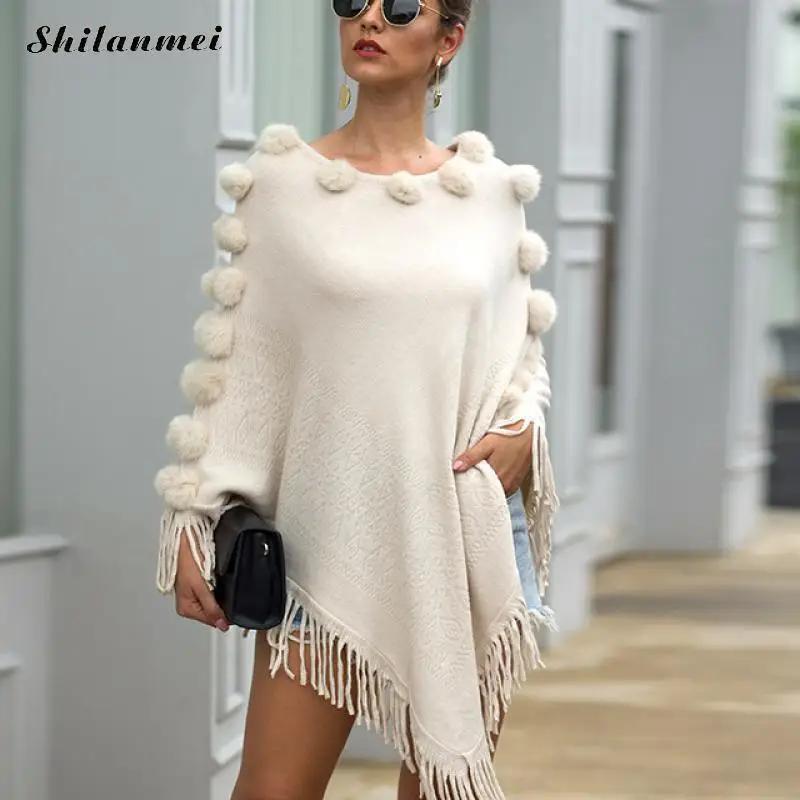 

2019 Winter Spring Sweaters Ponchoes White Fashion Knitting Capes Cloak Irregular Tassels Pullovers Knitted Streetwear Sweater