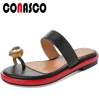 

CONASCO Women Sandals Genuine Leather Slippers Summer 2020 New Low Heels Fashion Crystal Casual Beach Flat With Shoes Woman