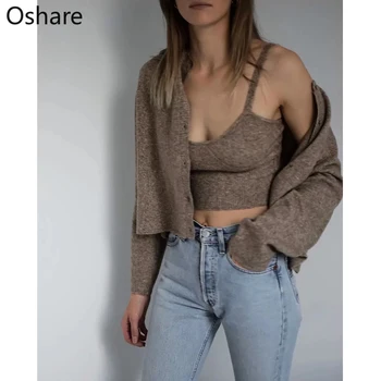 

NEW 2020 spring new women's solid khaki cardigan knitted sweater Casual two pieces set fashion streetwear sexy female tops