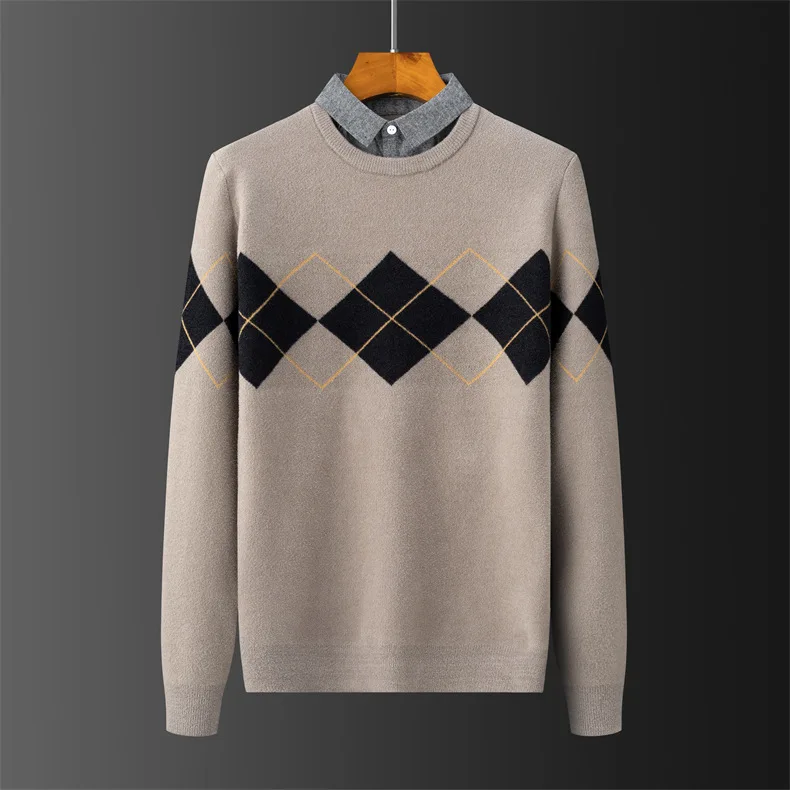 Men's Sweater 2021 Autumn Winter Contrast Color Fashion Clothing  Cotton Warm Jacquard Pullover Top Grade Fleece Male Tops designer sweaters for men