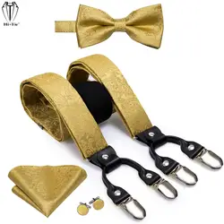Hi-Tie Silk 6 Clips Mens Suspenders Set Gold Paisley 4PC Male Adjustable Braces Bowtie Hanky Cufflinks For Men Wedding Business