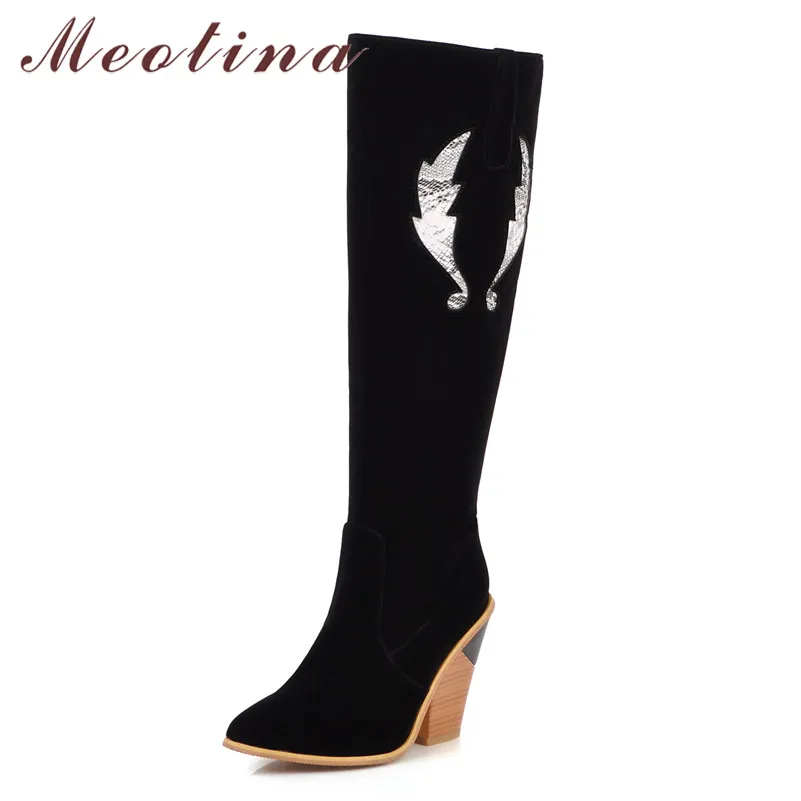 Meotina Long Boots Women Shoes Super High Heel Knee-High Pointed Toe Wedge Heels Zipper Ladies Winter Black Size 46 | Обувь