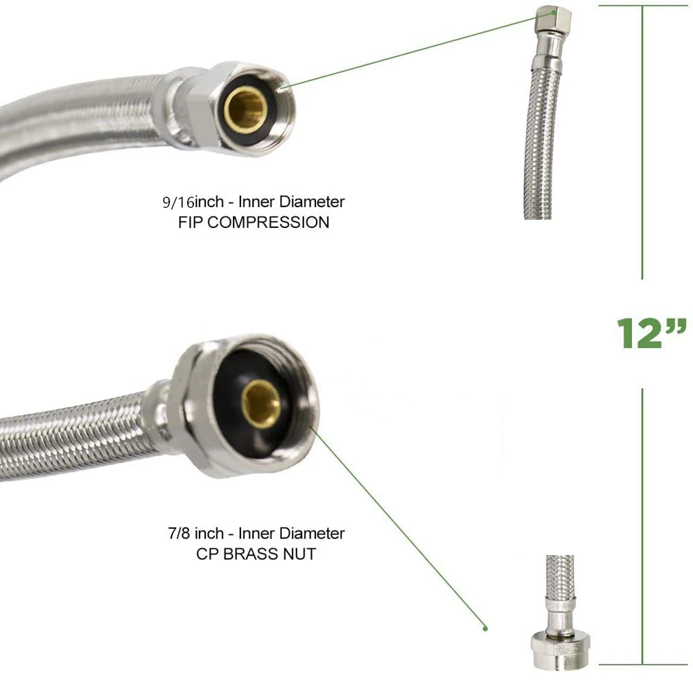 1PC North American 304 Stainless Steel Braided Plumbing Hose 7/8'-9/16' Toilet Water Inlet Hose Cold and Hot Water Pipe