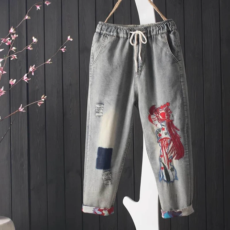 New Summer Arts Style Women's Jean Capri Pants Elastic Waist Vintage Ripped Jeans Cotton Denim Embroidery Loose Jeans S492 New Summer Arts Style Women's Jean Capri Pants Elastic Waist Vintage Ripped Jeans Cotton Denim Embroidery Loose Jeans S492