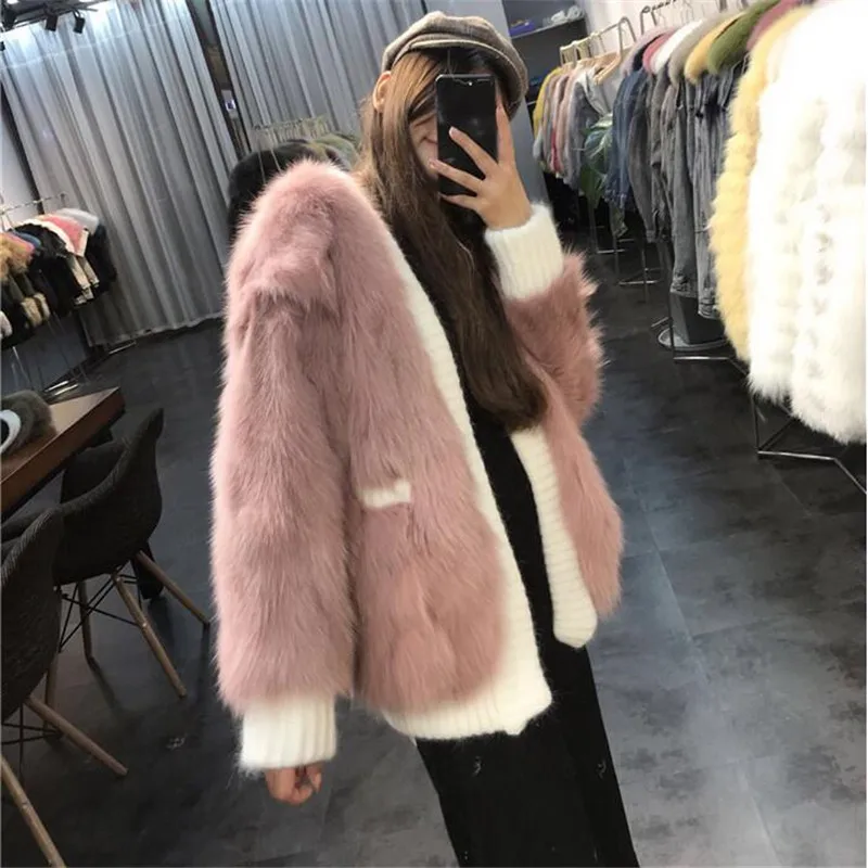 pink Свободное негабаритное пальто из лисьего меха, женский кардиган из натурального меха, зимняя теплая куртка из натурального Лисьего меха - Цвет: pink