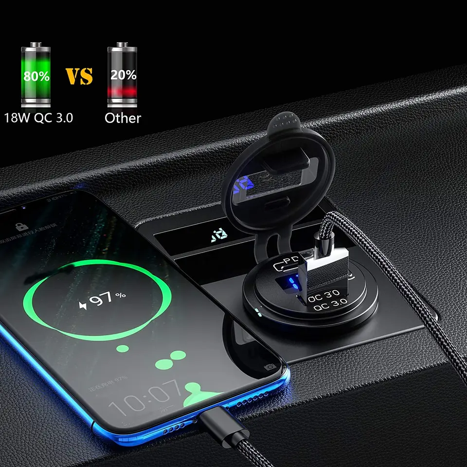 Presa USB Auto 12V 3 Porte | Alluminio Marino Impermeabile | Ricarica Rapida QC3.0 E USB C