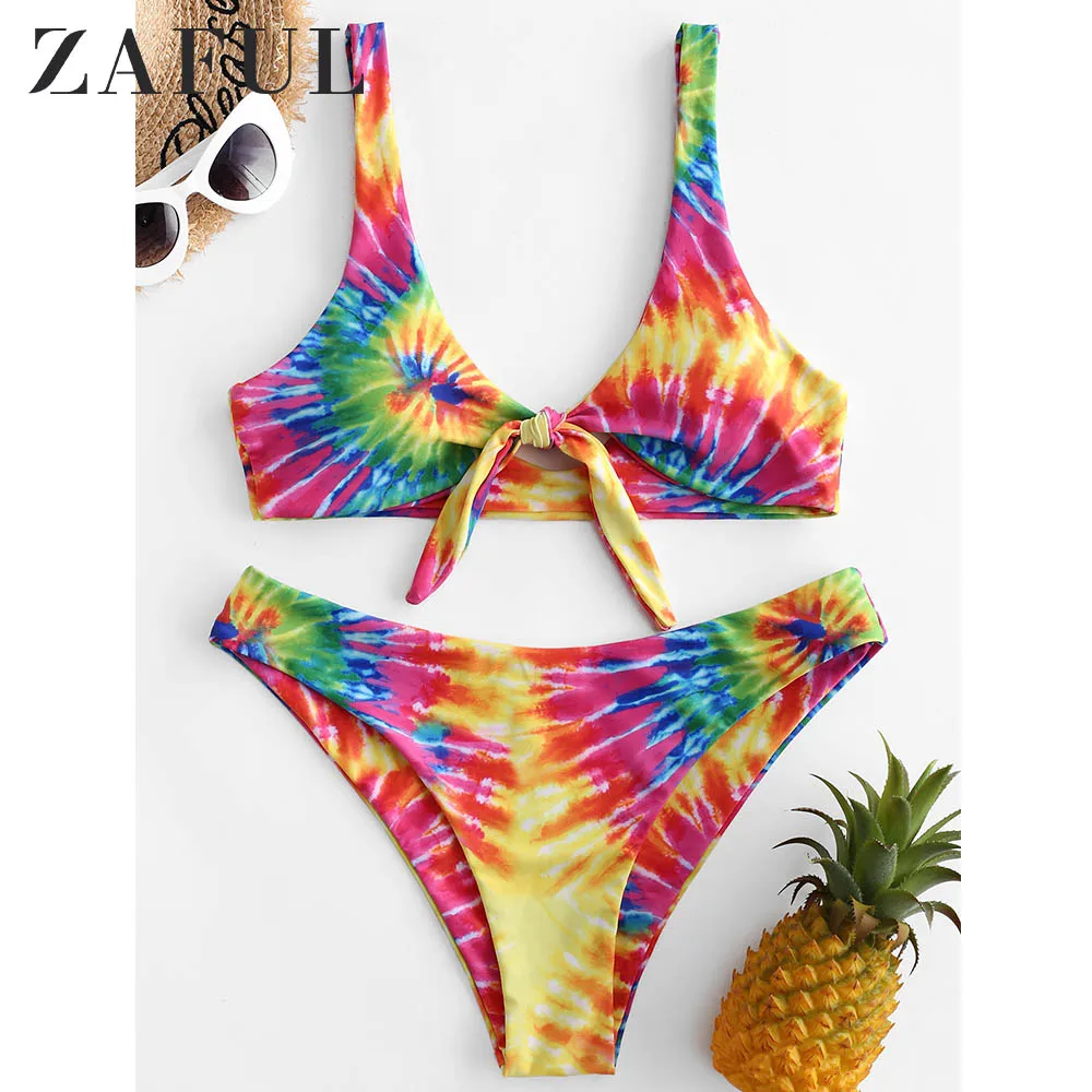 ZAFUL Tie Dye завязанный купальник бикини с мягкими чашечками сексуальный купальник женский галстук погружающийся в шею купальный костюм с пуш-ап шикарное эстетическое бикини