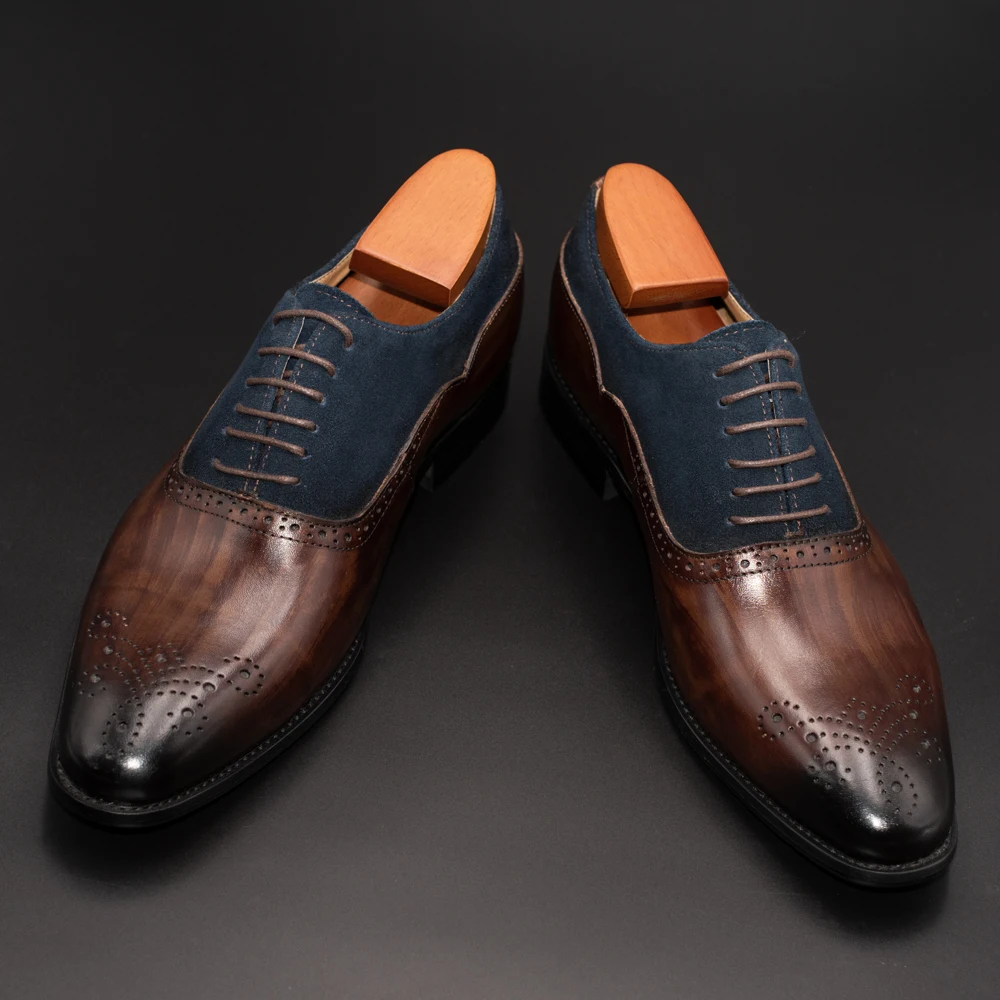 Мужские модельные туфли кожаные офисные деловые свадебные туфли ручной работы смешанных цветов с перфорацией типа «броги» формальные мужские туфли-оксфорды с круглым носком
