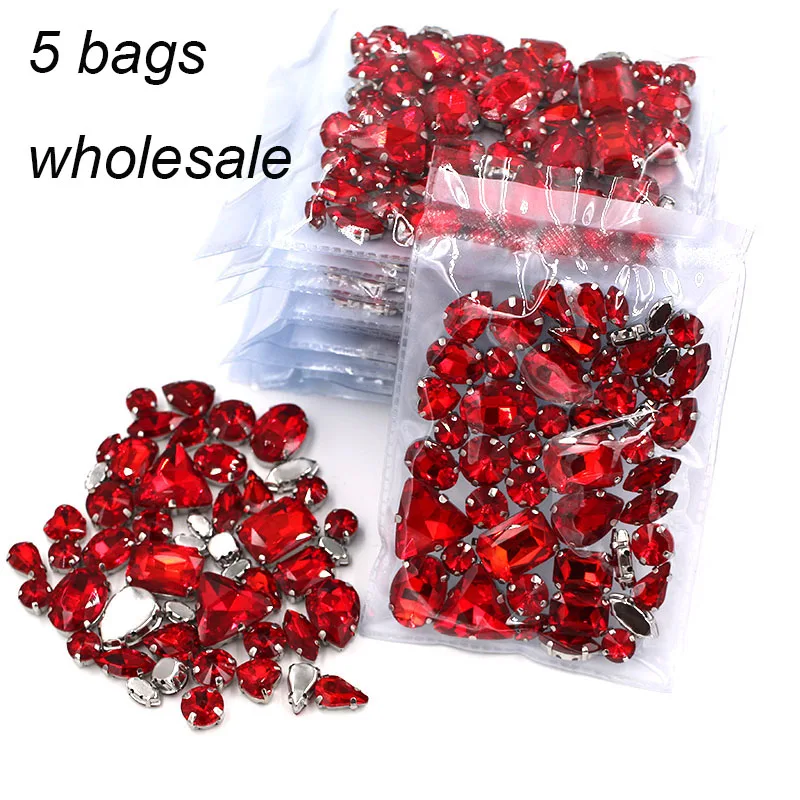 Wholesale5bagsmixedshapesilverbasesewingglassrhinestone