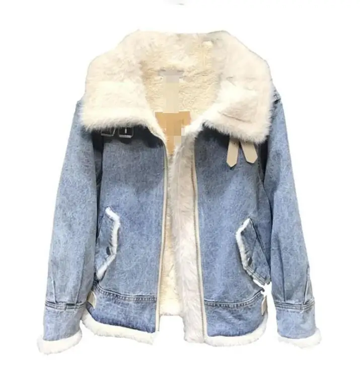 beige color Модные женские повседневные голубые джинсы из денима рубашка с длинным рукавом Топы с карманами плюс бархатное короткое зимнее плотное пальто - Цвет: beige color