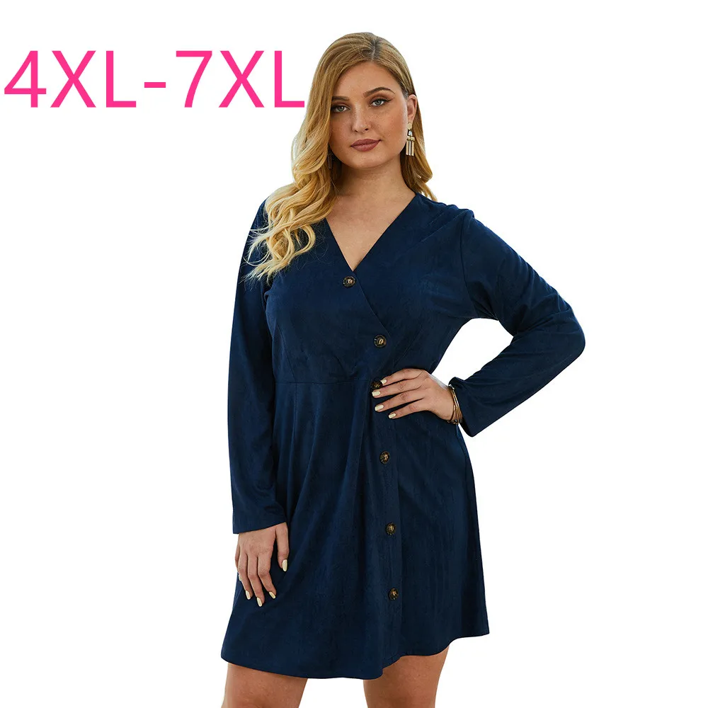 Spring autumn new plus size dress for women large casual slim long sleeve knee length button V neck dresses blue 4XL 5XL 6XL 7XL | Женская