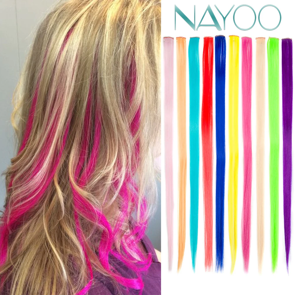 

Nayoo Colored Highlight Synthetic Hair Extensions Clip In One Piece Color Strips 20" Long Straight Hairpiece For Sports Fans
