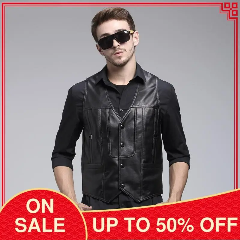 

2020 Black Men Genuine Leather Vest Casual Style Plus Size 4XL Real Thin Sheepskin Spring Slim Fit Short Leather Vest