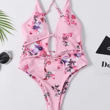 Розовый двусторонний монокини с цветочным рисунком и перекрестной спинкой, слитный купальник для женщин, сексуальный купальник, летняя пляжная одежда для девочек, купальный костюм E113