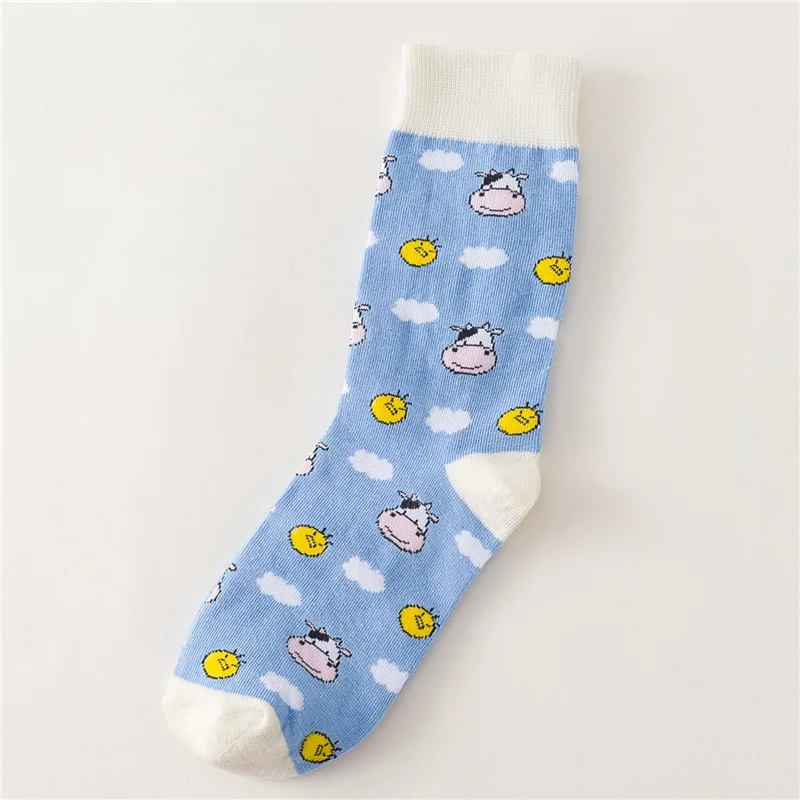 Blue White Cow Женские забавные Носки с рисунком коровы клубники средней длины унисекс Харадзюку счастливый Мягкий Лето Осень команда Прямая поставка - Color: Blue White Cow