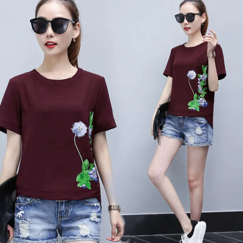 

2020 Summer New Style Fat Mm Cover Belly Chiffon Blouse Large Size Fashion Loose Slimming Tops Short Sleeve T-shirt 8897
