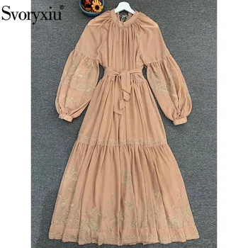 

Svoryxiu 2020 Designer High End Embroidery Summer Party Maxi Dresses Women's Fashion Stand Collar Lantern Sleeve Long Dress