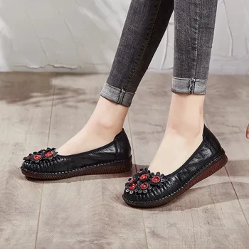

2020 NEW MUM SHOES FLOWERS FLAT SOLES WOMEN GENUINE LEATHER ROUND TOE COMFORTABLE LADY'S SHOES