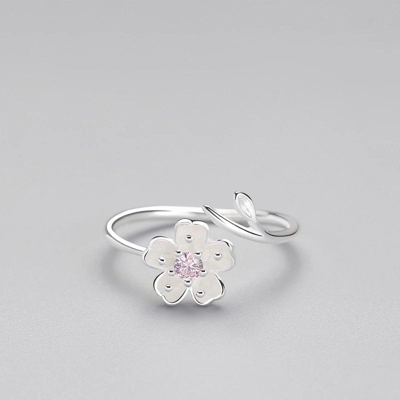 Real 925 Sterling Silver Zircon Enamel Plum Flower Adjustable Ring for Women Romantic Party Bijoux silver rings silver ring