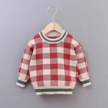 Детские свитера для маленьких мальчиков Новинка, осенне-зимний теплый пуловер в клетку с длинными рукавами джемпер, топы, повседневная одежда для детей возрастом от 1 года до 6 лет