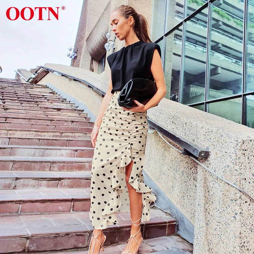 

OOTN Sexy Split Asymmetry Ruffle Skirt Ladies Summer Midi Skirt Women High Waist Polka Dot Long Skirts Khaki Holiday Beach 2020