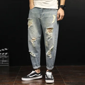 

Fashion Casual Plus Size Men Jeans Solid Loose Ankle Length Denim Trousers Hole Ankle Length Streetwear