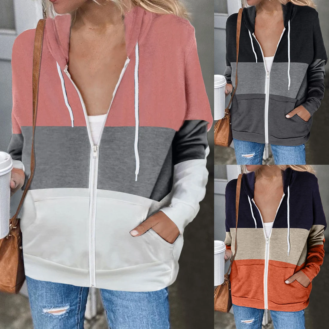 

Zip-up Pockets Women Hoodies Autumn Hooded Sweatshirt Winter Sport Clothes Women Casual Loose Zipper Hoodie 2020