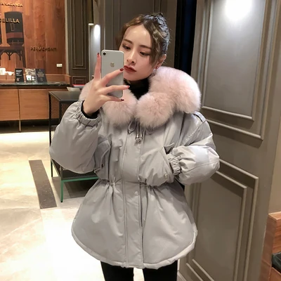 Gray And Pink Большой натуральный меховой воротник, зимнее меховое пальто для женщин, черные парки, пуховик для женщин, белый утиный пух, Короткие пальто, плотная теплая парка - Цвет: Gray And Pink