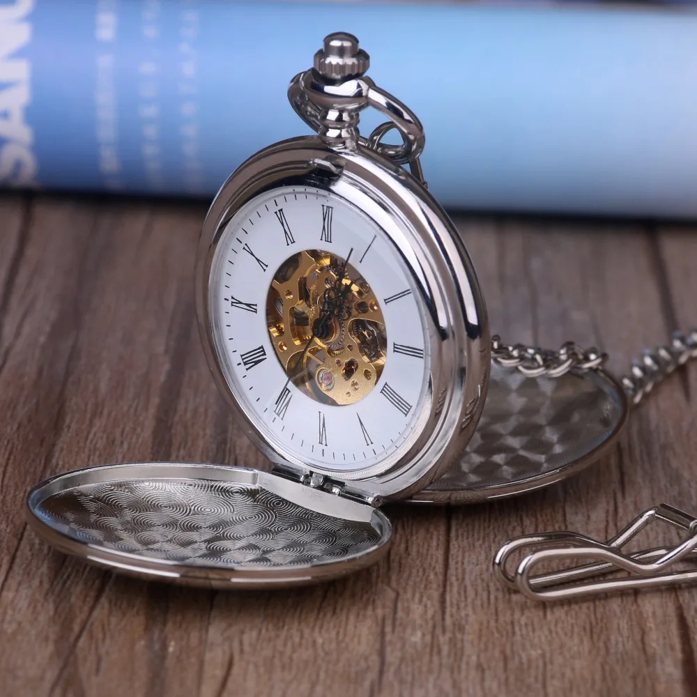

5pcs Luxury Silver Double Hunter Mechanical Pocket Watches Engraved Men Pocket&Fob Watches Women Pocket Watch Chain Gift