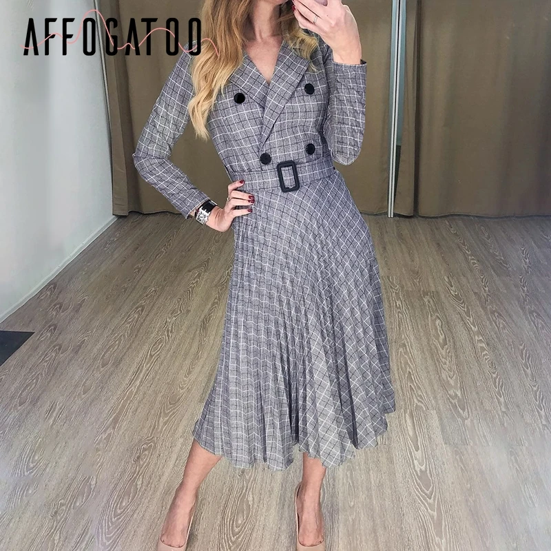 Blue Gray Afogaoo элегантное клетчатое женское платье-блейзер на пуговицах с поясом, сексуальное Плиссированное офисное женское платье с v-образным вырезом и длинным рукавом, женские вечерние платья - Цвет: Blue Gray