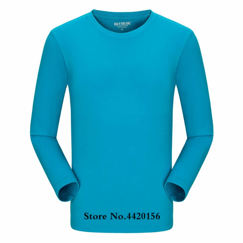 Peacock blue Осенняя и зимняя новая модная мужская футболка с длинными рукавами с круглым вырезом, повседневная мужская Однотонная футболка из чесаного хлопка - Цвет: Peacock blue