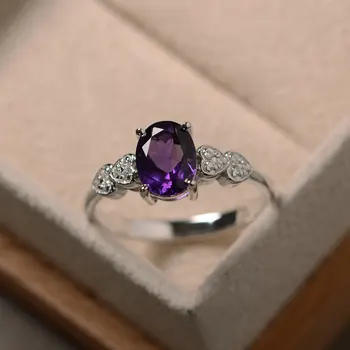 

Zircon Amethyst Ring S925 Silver Inlaid Small Diamond Four-claw Oval Ladies Fashion Temperament Ring Simple Ring Jewelry