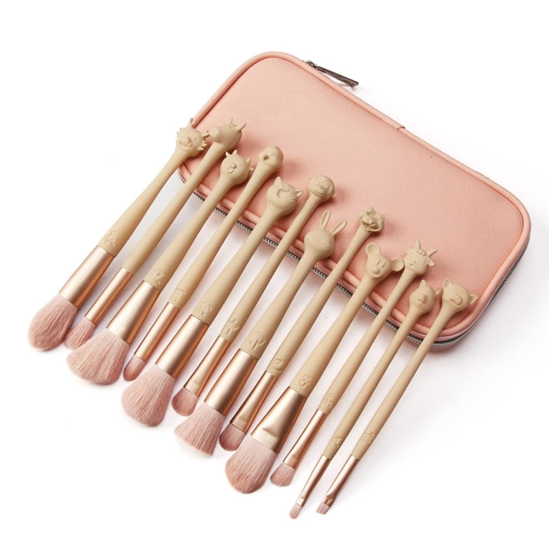 Chinese Zodiac 12Pcs Pink Makeup Brushes Make Up Brush Women Blush Powder Foundation Beauty Tool