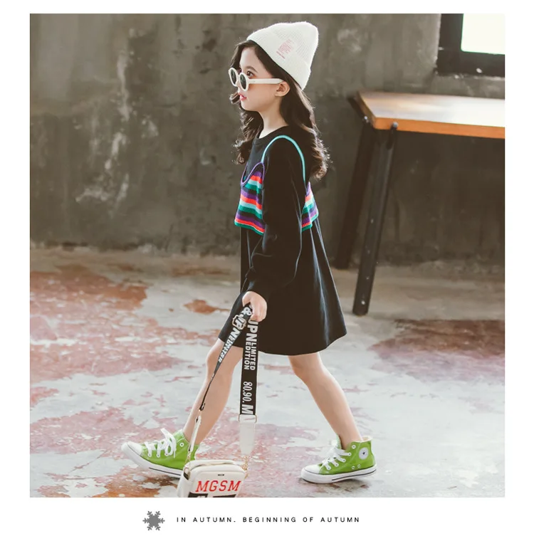 Girls Sweatshirt Rainbow Sling Dress for Girl Full Sleeve Spring Autumn Casual Sport Stripe Love Dresse Children Cute Long Coats