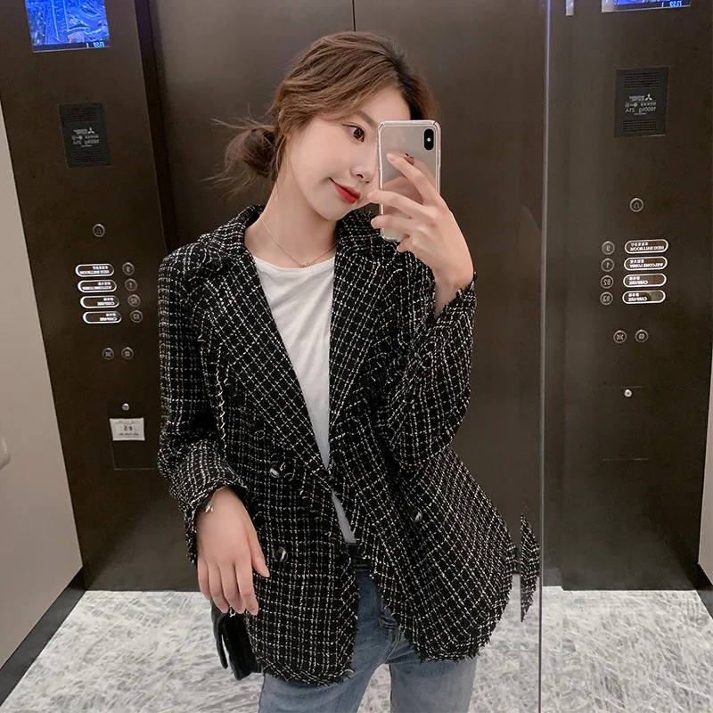 

2019 Autumn xin liu su Plaid Black Small Suit Woolen Jacket Women's Short Graceful Woolen Overcoat