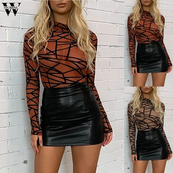 

Womail bodysuit Women Stripe sexy Mesh bodysuit women black 2020 bodycon Casual Long Sleeves romper short club holiday party