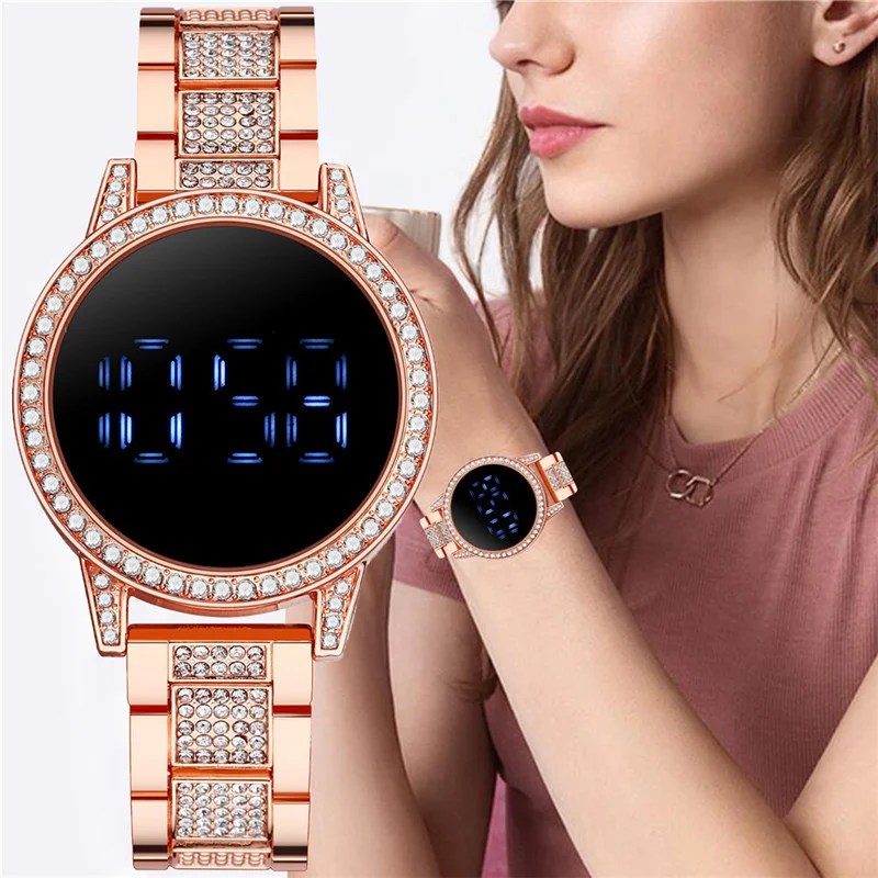 Роскошный сенсорный Экран LED цифровые женские часы модные стразы наручные из