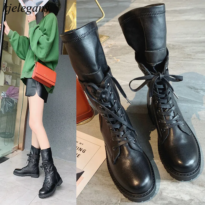 

kjelegans 2019 fashion classic fashion bota feminina lace up zipper Short plush Anti-slip Solid color black square heels 3.5cm