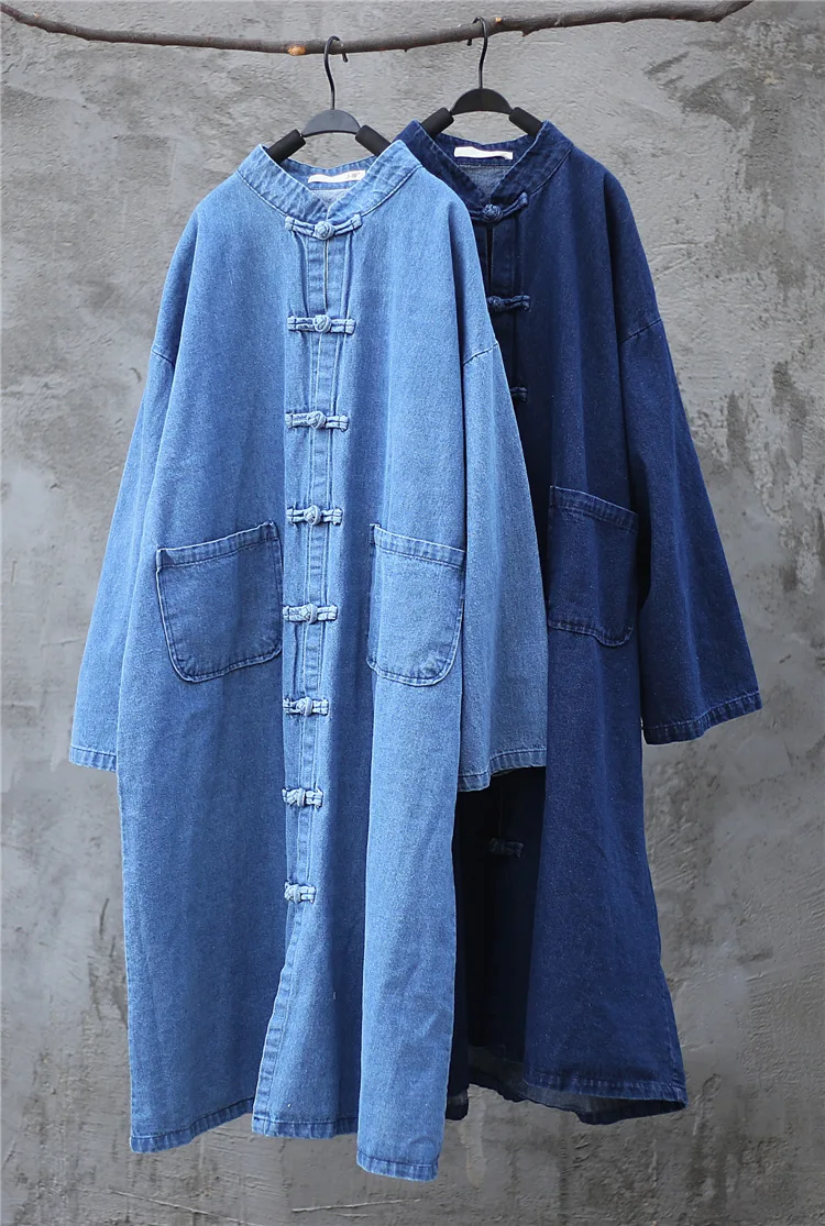 

Small Warm Literature And Art Chinese Pan Button Zen Clothes Long Loose Jeans Windwear Coat