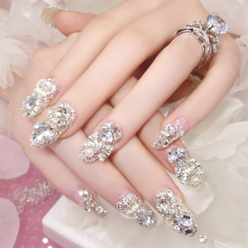 24Pcs Luxe Shining Rhinestone Wedding False Nails Transparent Glitter Gems  Crown Designed Square Full Short Fake Art Bride - AliExpress