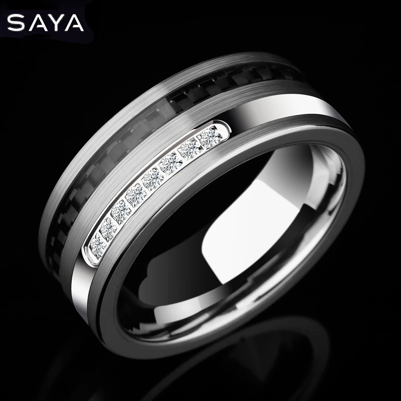 

Men Tungsten Rings, 8mm Width Inlay Black Carbon Fiber and White CZ Stones, Customized