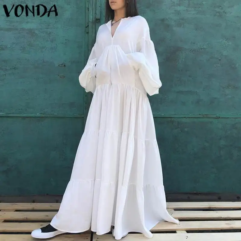 

Maxi Long Dress VONDA 2019 Women Sexy V Neck Lantern Sleeve Party White Dresses Plus Size Bohemian Vestidos Femme Robe S-5XL