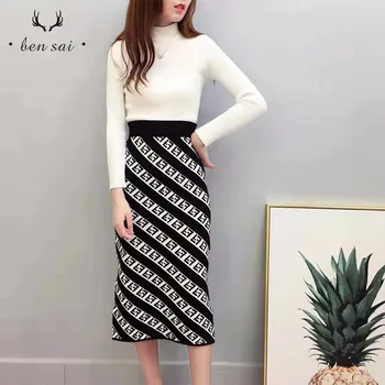 

Autumn Winter Woolen Cotton Striped Skirt Women High Waist Long Skirts Women Split Casual Knitted Skirt Female New
